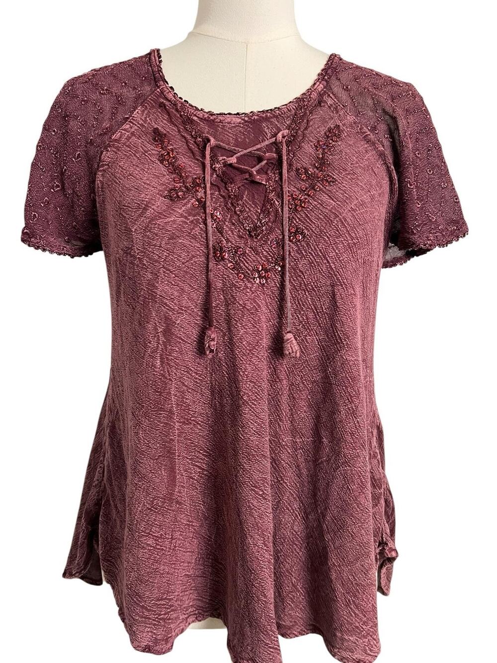 Sakkas Tunic Top Womens Free Size Purple Beaded Lace Up Boho Peasant Blouse